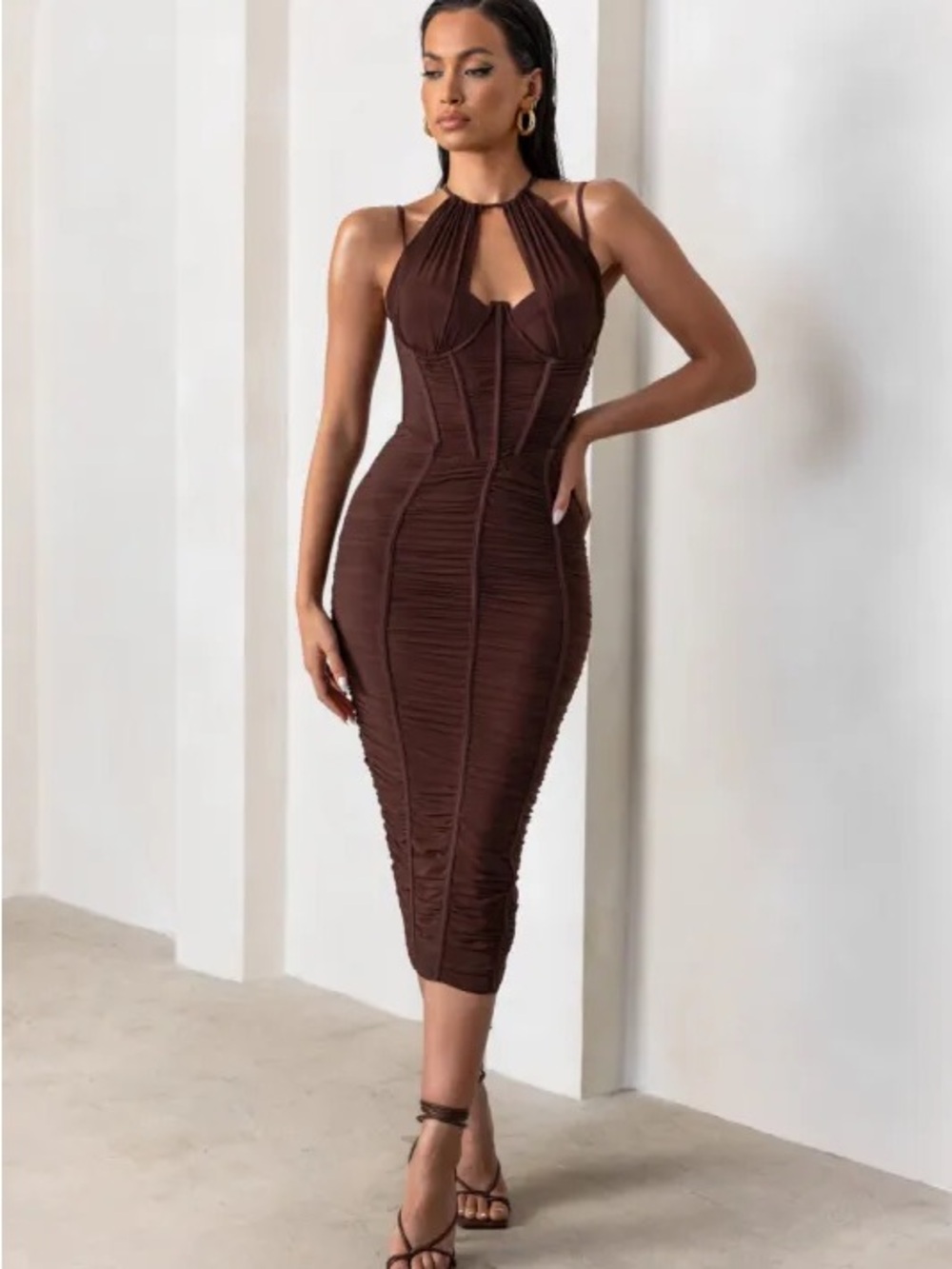 Club L London Dark Brown Espresso Mesh Ruched Strappy Midi Dress Size 2